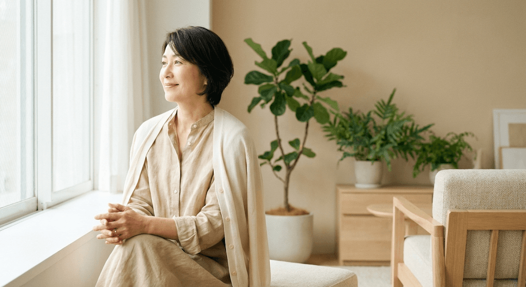 窓辺で穏やかに過ごす女性